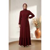 Sefa Merve Gofre Kumaş Kolu Lastikli Tesettür Elbise 5588-01 Bordo - 50