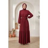 Sefa Merve Hakim Yaka Belden Lastikli Tesettür Elbise 0326-02 Bordo - 38 - 40