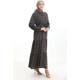 Sefa Merve Hakim Yaka Çiçek Desenli Elbise 0197-03 Siyah Haki - 48 - 50