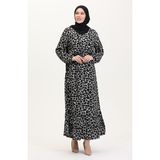 Sefa Merve Leopar Desenli Kuşaklı Elbise 0008-01 Siyah - 42 - 44