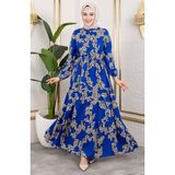 Sefa Merve Leopar Desenli Viskon Elbise 7135-02 Mavi - 38