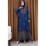 Sefa Merve Leopar Garnili Desenli Elbise 5576-01 Indigo
