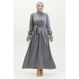 Sefa Merve Simli Keten Kuşaklı Elbise 81853-01 Gri - 40