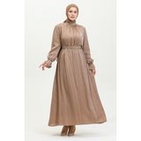 Sefa Merve Simli Keten Kuşaklı Elbise 81853-02 Taba - 44