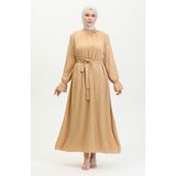 Sefa Merve Simli Keten Kuşaklı Elbise 81853-06 Hardal - 46