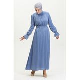 Sefa Merve Simli Keten Kuşaklı Elbise 81853-08 Indigo - 44 - İndigo