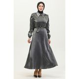 Sefa Merve Simli Keten Kuşaklı Elbise 81857-02 Füme - 42