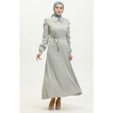 Sefa Merve Simli Keten Kuşaklı Elbise 81857-06 Mint Yeşili - 42