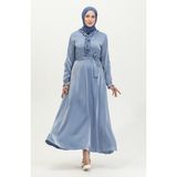 Sefa Merve Simli Keten Kuşaklı Elbise 81863-01 Indigo - 48 - Gri