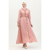Sefa Merve Simli Keten Kuşaklı Elbise 81863-03 Somon - 48
