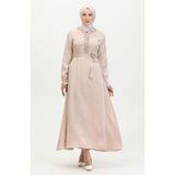 Sefa Merve Simli Keten Kuşaklı Elbise 81863-04 Krem - 42