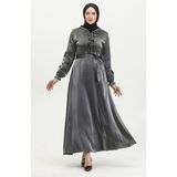 Sefa Merve Simli Keten Kuşaklı Elbise 81863-05 Gümüş - 40 - Gümüş Gri