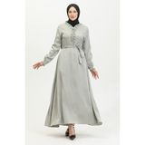 Sefa Merve Simli Keten Kuşaklı Elbise 81863-06 Mint Yeşili - 40