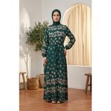 Sefa Merve Viskon Kumaş Fiyonk Desenli Tesettür Elbise 0338-02 Zümrüt Yeşili - 38 - 40