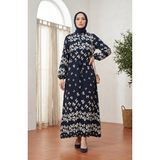 Sefa Merve Viskon Kumaş Fiyonk Desenli Tesettür Elbise 0338-03 Lacivert - 46 - 48