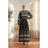 Sefa Merve Viskon Kumaş Fiyonk Desenli Tesettür Elbise 0338-05 Siyah Beyaz - 42 - 44