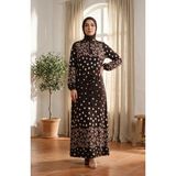 Sefa Merve Viskon Kumaş Kalp Desenli Tesettür Elbise 0337-04 Kahverengi - 50 - 52