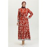 Sefa Merve Viskon Renk Garnili Elbise 0385-02 Kiremit - 46 - 48