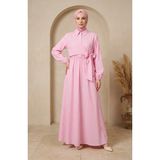Sefa Merve Yarım Düğmeli Beli Lastikli Çizgili Elbise 0320-08 Pembe - Pembe - 48 - 50