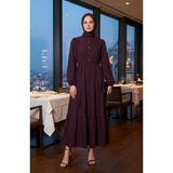 Sefa Merve Yarım Düğmeli Beli Lastikli Elbise 0276-02 Mürdüm - 38 - 40