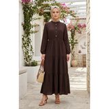 Sefa Merve Yarım Düğmeli Beli Lastikli Elbise 0276-03 Kahverengi - 50 - 52