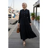 Sefa Merve Yarım Düğmeli Beli Lastikli Elbise 0276-04 Siyah - 46 - 48