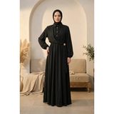 Sefa Merve Yarım Düğmeli Beli Lastikli Elbise 0319-03 Siyah - 46 - 48