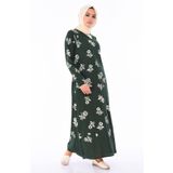 Sefamerve 0450-06 Desenli Şile Bezi Koyu Yeşil Elbise