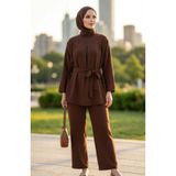 sefamerve Aerobin Kumaş Tunik Pantolon ikili Takım 4141-04 Kahverengi
