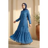sefamerve Bürümcük Kumaş Çiçek Desenli Kuşaklı Tesettür Elbise 0580-05 Saks Mint Yeşili