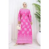 sefamerve Desenli Kuşaklı Elbise 2092-05 Pembe
