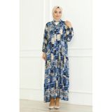 sefamerve Desenli Viskon Elbise 0466-03 İndigo