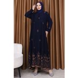sefamerve Desenli Viskon Elbise 4083-04 Lacivert