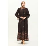 sefamerve Desenli Viskon Elbise 4083-09 Koyu Kahverengi