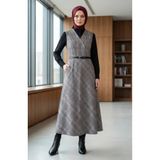 sefamerve Ekose Desenli Kemerli Jile Elbise 2223-01 Gri