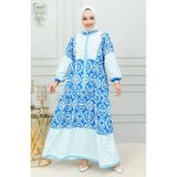 sefamerve Etnik Desenli Tesettür Elbise 0302-02 Mavi