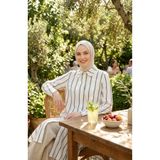 sefamerve Gömkek Yaka Çizgili Keten Uzun Tunik 0354-06 Siyah Beyaz