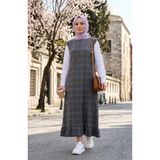 sefamerve Kareli Dokulu Jile Elbise 2514-01 Gri