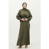 sefamerve Katmerli Saten Abiye Elbise 6001-04 Haki