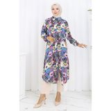 sefamerve Kolu Lastikli Düğmeli Tunik 0134-02 Fuşya Mavi