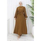 sefamerve Kolu lastikli Kuşaklı Elbise 2161-01 Taba