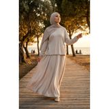 sefamerve Oysho Kumaş Bağcıklı Bluz Etek ikili Tesettür Takım 5660-04 Bej