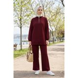 sefamerve Oysho Kumaş Taşlı Fermuarlı Tunik Pantolon ikili Takım 0282-02 Bordo