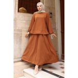 sefamerve Scuba Kumaş Tesettür Tunik Etek ikili Takım 0221-03 Taba