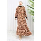 sefamerve Şifon Kumaş Yaprak Desenli Elbise 0054-01 Kahverengi