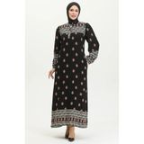 sefamerve Viskon Desenli Elbise 0397-01 Siyah