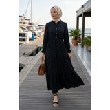 sefamerve Yarım Düğmeli Beli Lastikli Elbise 0276-04 Siyah