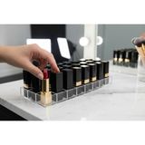 Şeffaf 24 Yuvalı Akrilik Ruj ve Lip Gloss Organizer Standı - Ahşap - Bej - Siyah