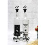 Şeffaf 750 Ml Siyah Beyaz Etiketli Siyah Standlı Akıtıcılı Yağlık Yağdanlık