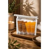 Şeffaf Çantalı 7 Li Banyo & Seyahat Seti – Oval Kabak Lif + 2 Sabun (42 Gr) + 2 Şampuan (30 Ml) + 2 Duş Jeli (30 Ml)